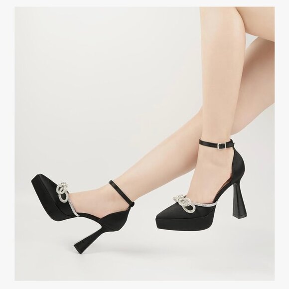 Rhinestone Bow Platform Heels | 4.5” Stilettos | Pointed Toe Ankle Strap Pumps | - Picture 3 of 10